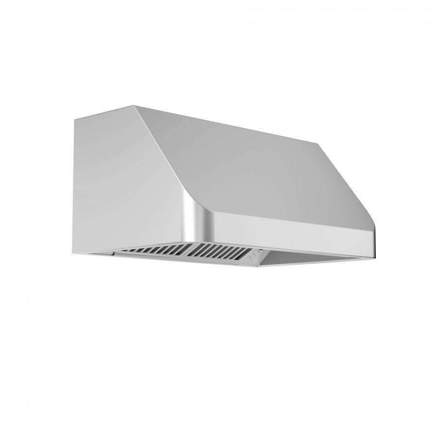 Stainless steel under-cabinet range hood in angled view with vent grille