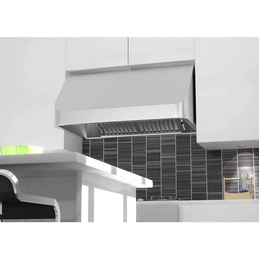 Stainless steel under-cabinet range hood with vent grille shown from front