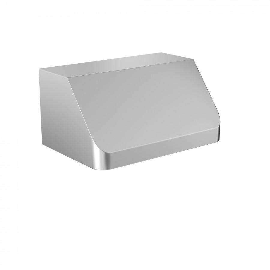 Stainless steel under-cabinet range hood in 3/4 view with smooth curved panel