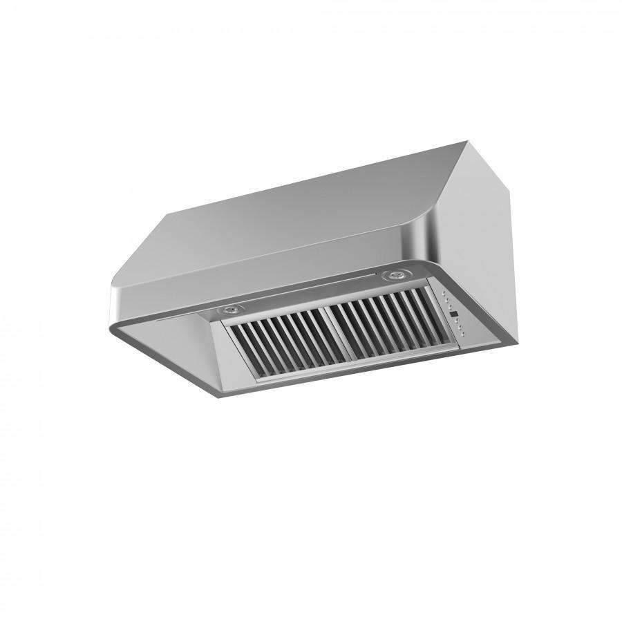 Stainless steel under-cabinet range hood with front filter/vent opening shown