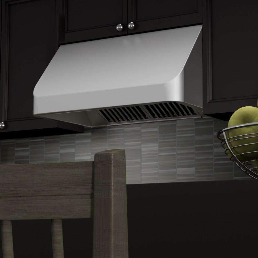 Stainless steel under-cabinet range hood with visible vent intake under canopy