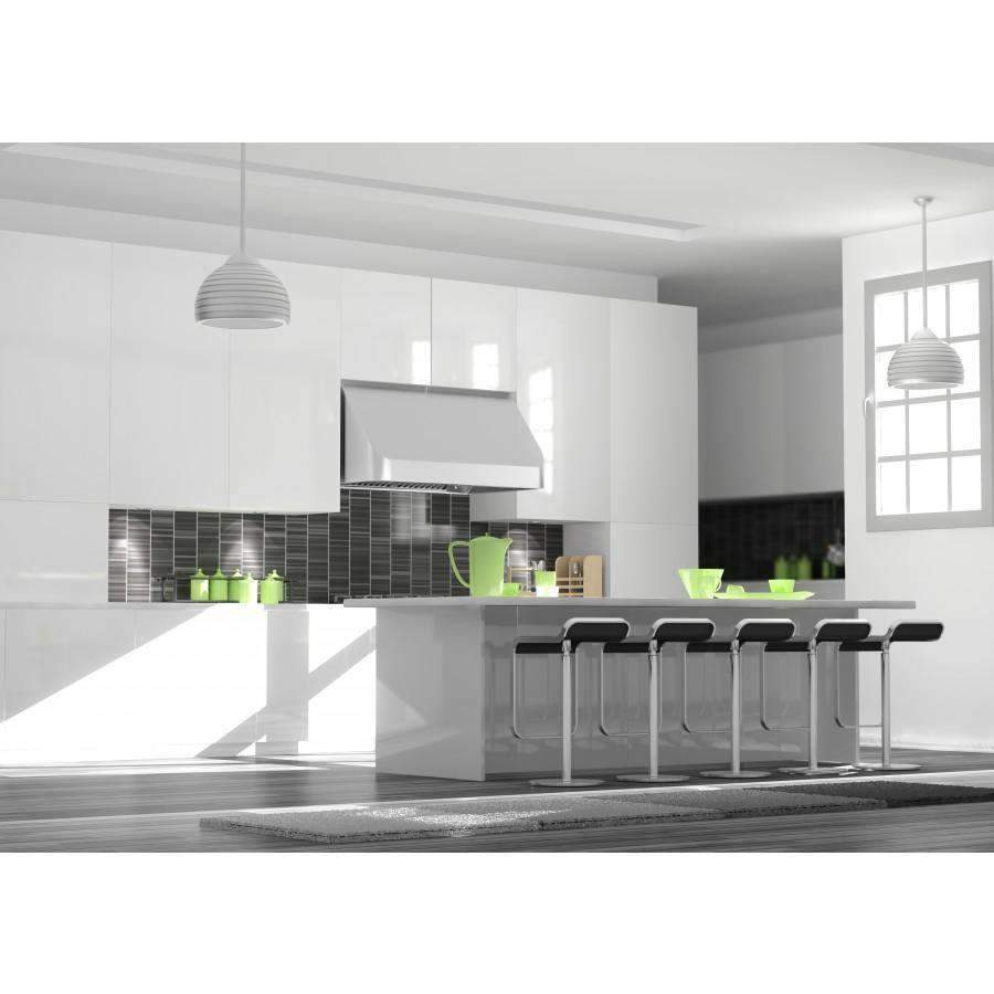 Stainless steel under-cabinet range hood centered under cabinetry above cooktop