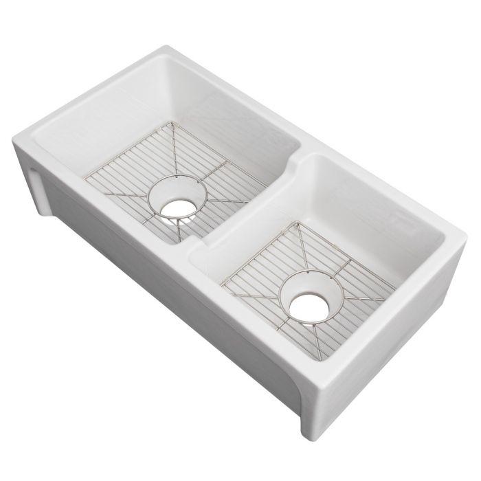 ZLINE 36" Palermo Farmhouse Apron Front Double Bowl Reversible Fireclay Kitchen Sink with Bottom Grid in White Gloss (FRC5121-WH-36) Kitchen Sink ZLINE 