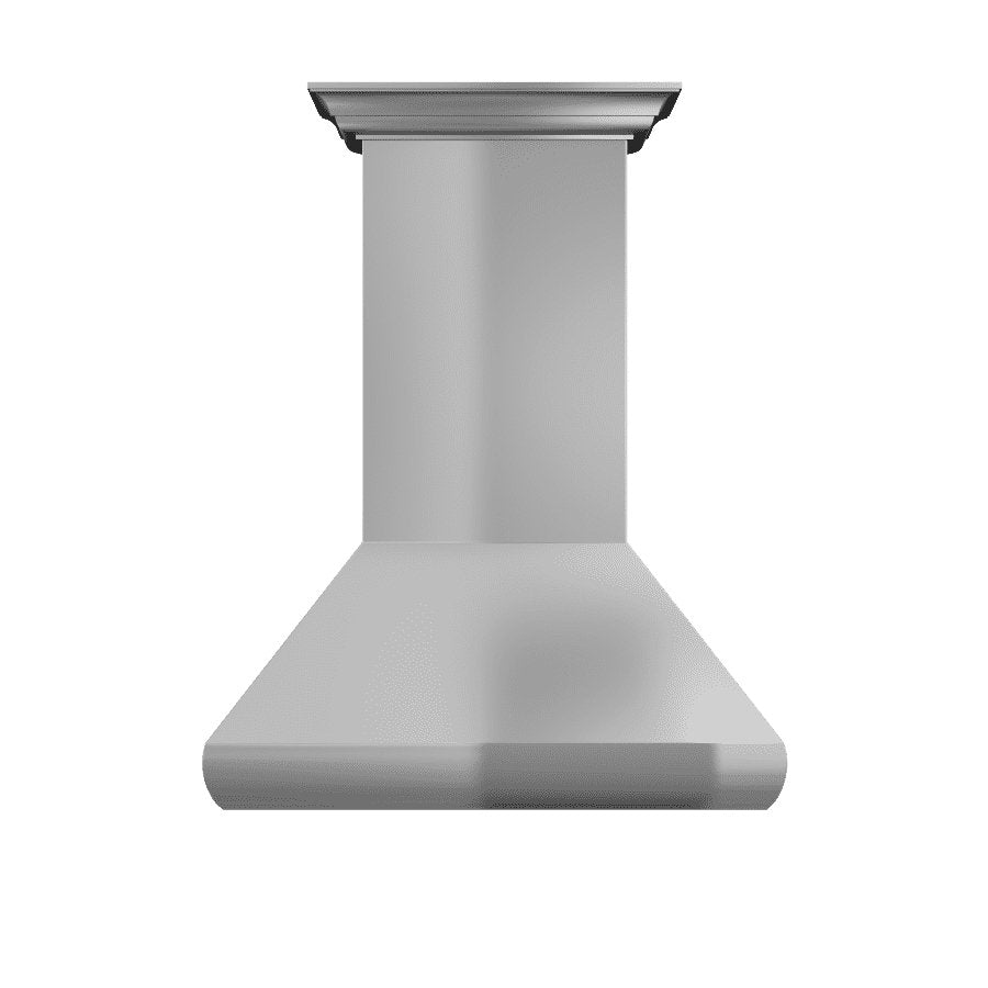 Stainless steel wall-mount range hood with crown trim and flared bottom chimney