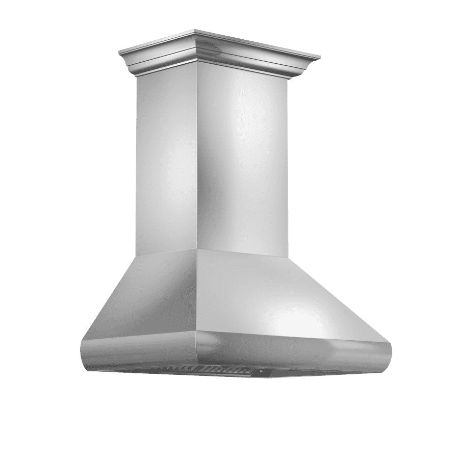 Stainless steel chimney-style wall-mount range hood with curved flared canopy