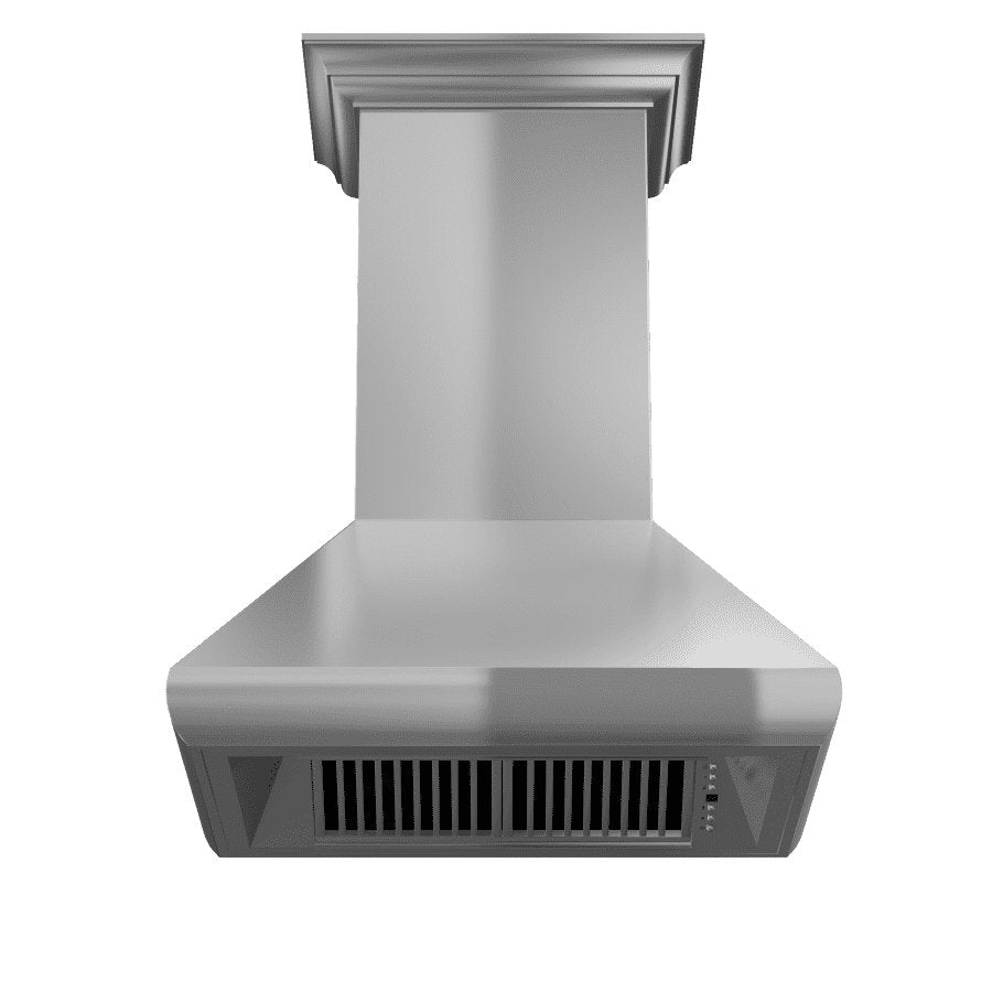 Stainless steel convertible range hood with crown molding and mesh vent panel
