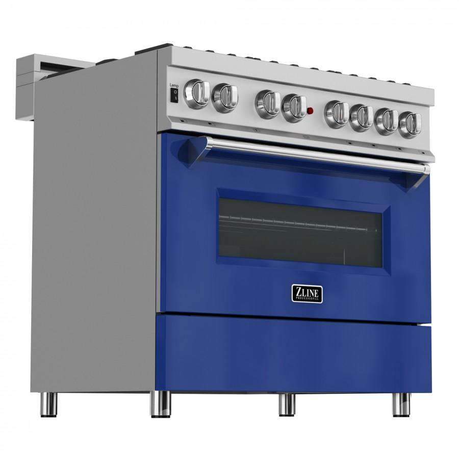 Dual fuel range with satin stainless body and blue glossy door, front control knobs