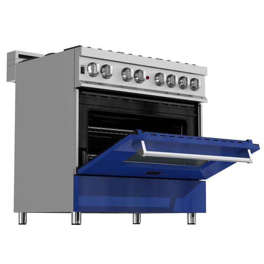 Dual fuel range with open oven door and blue broiler drawer, stainless cooktop controls