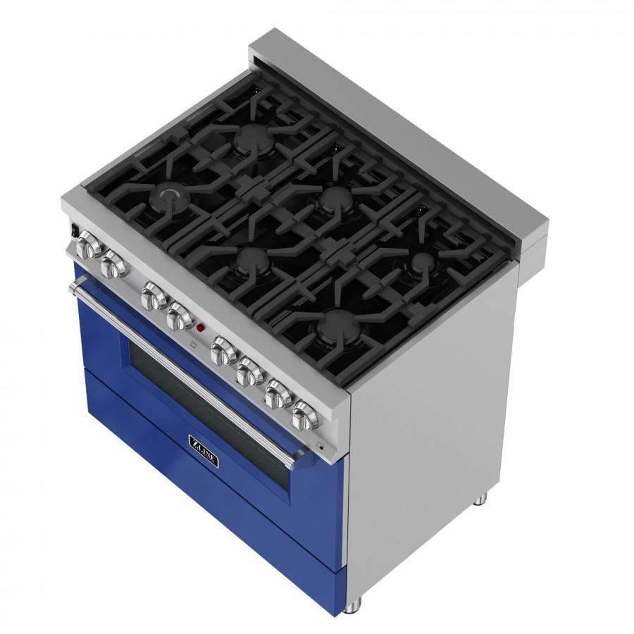Blue and stainless dual fuel range with black cooktop grates and control knobs