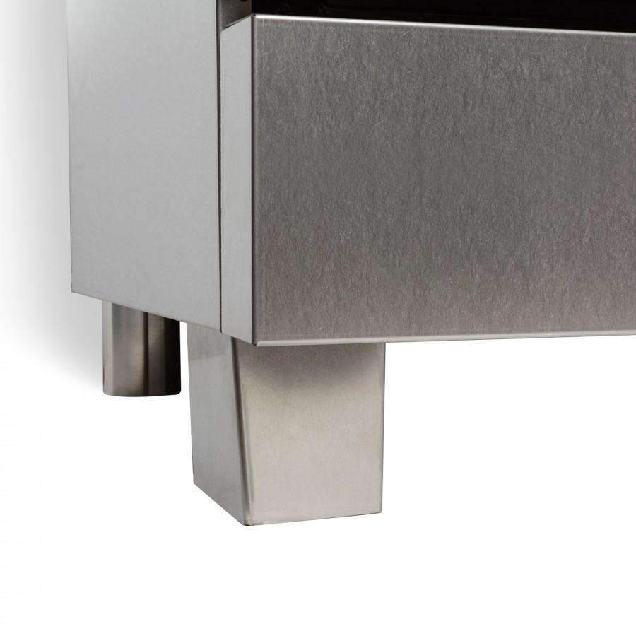Stainless steel range base with legs and metal corner trim