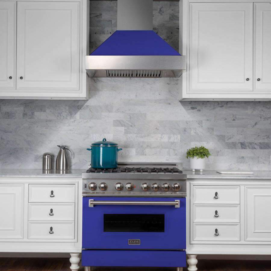 Blue dual fuel range with stainless cooktop and blue oven door