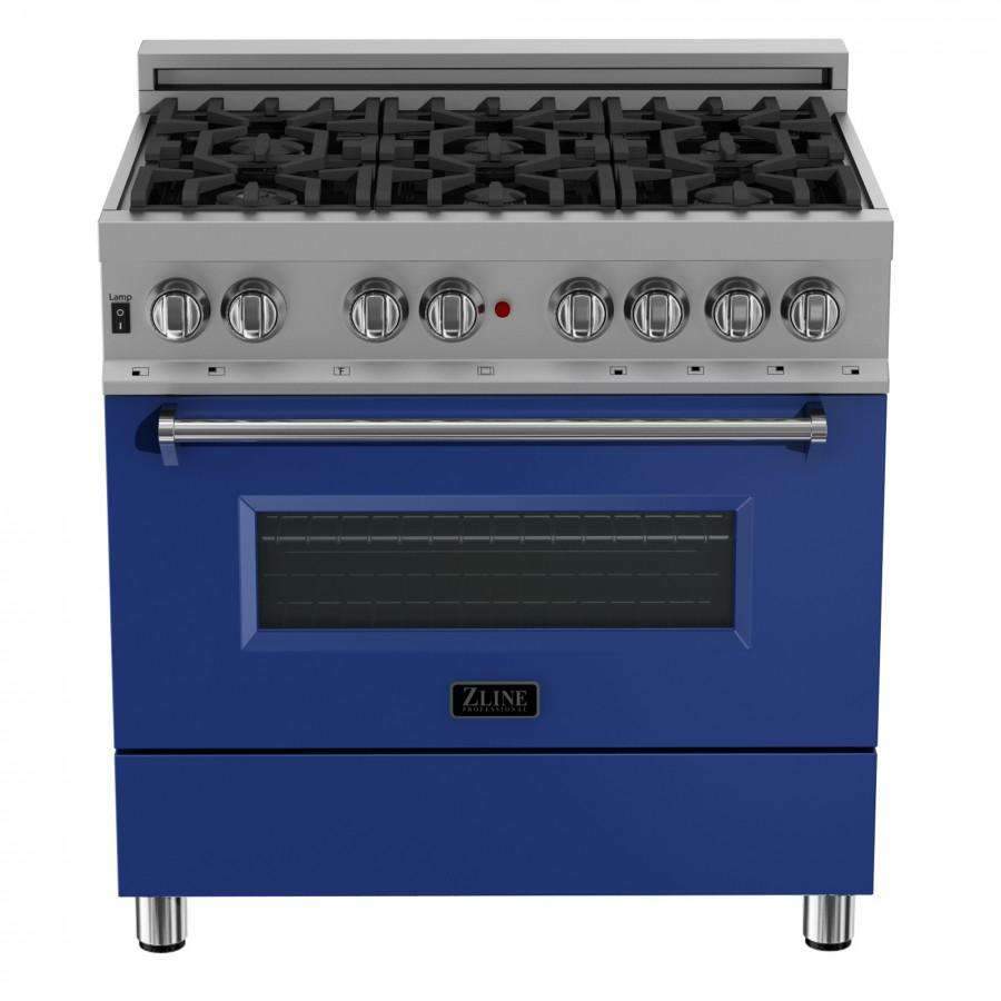 Dual fuel range front view, stainless knobs and grates with blue matte oven door