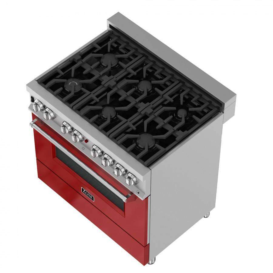 Corner view of dual fuel range showing black burner grates and red cabinet base