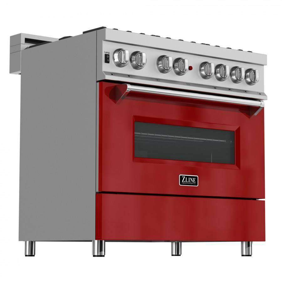 Dual fuel range with stainless top burners and red oven door