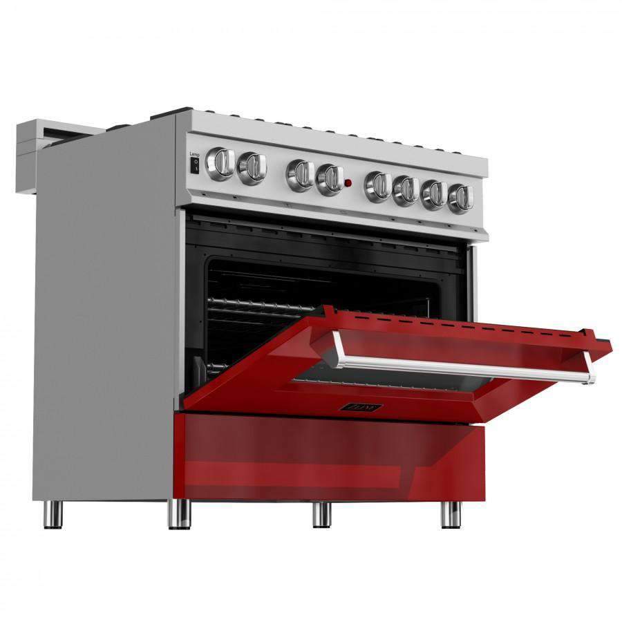 Dual fuel range with stainless steel cooktop and red glossy oven door