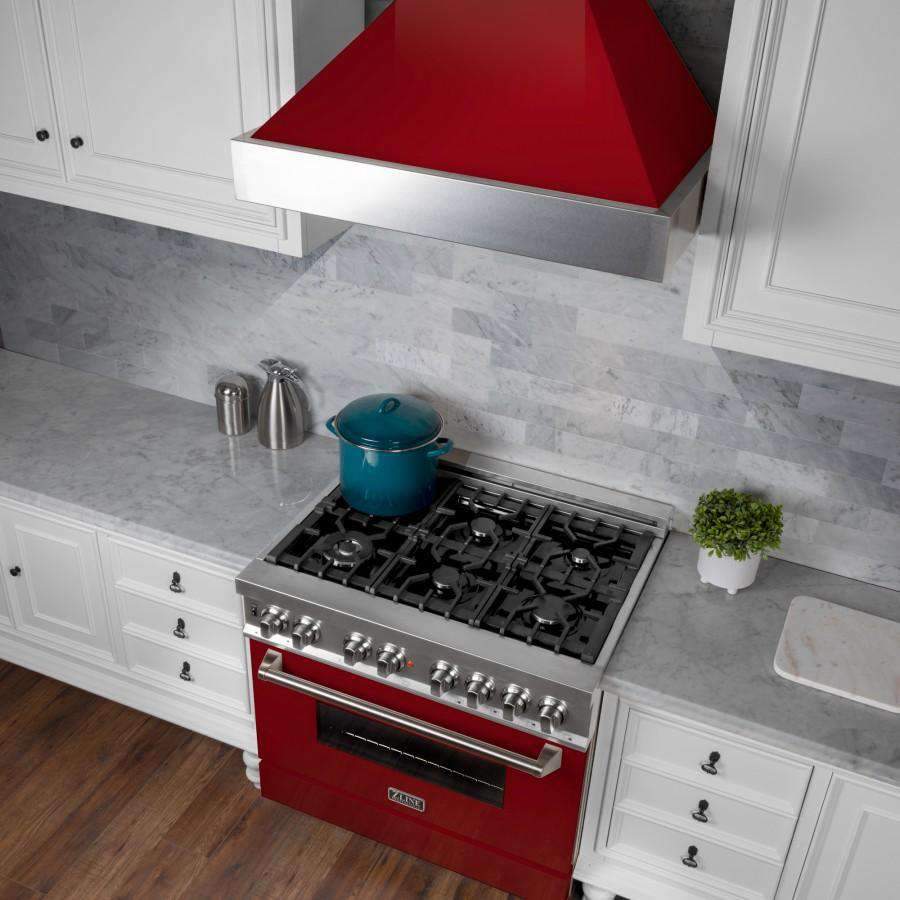 Red and stainless dual fuel range cooktop with grates and side oven door