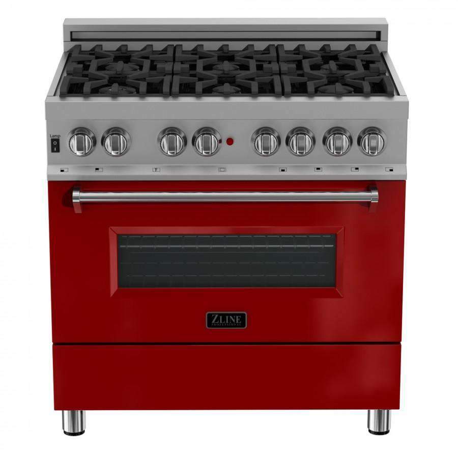 Red front electric oven with stainless control knobs and black cooktop grates