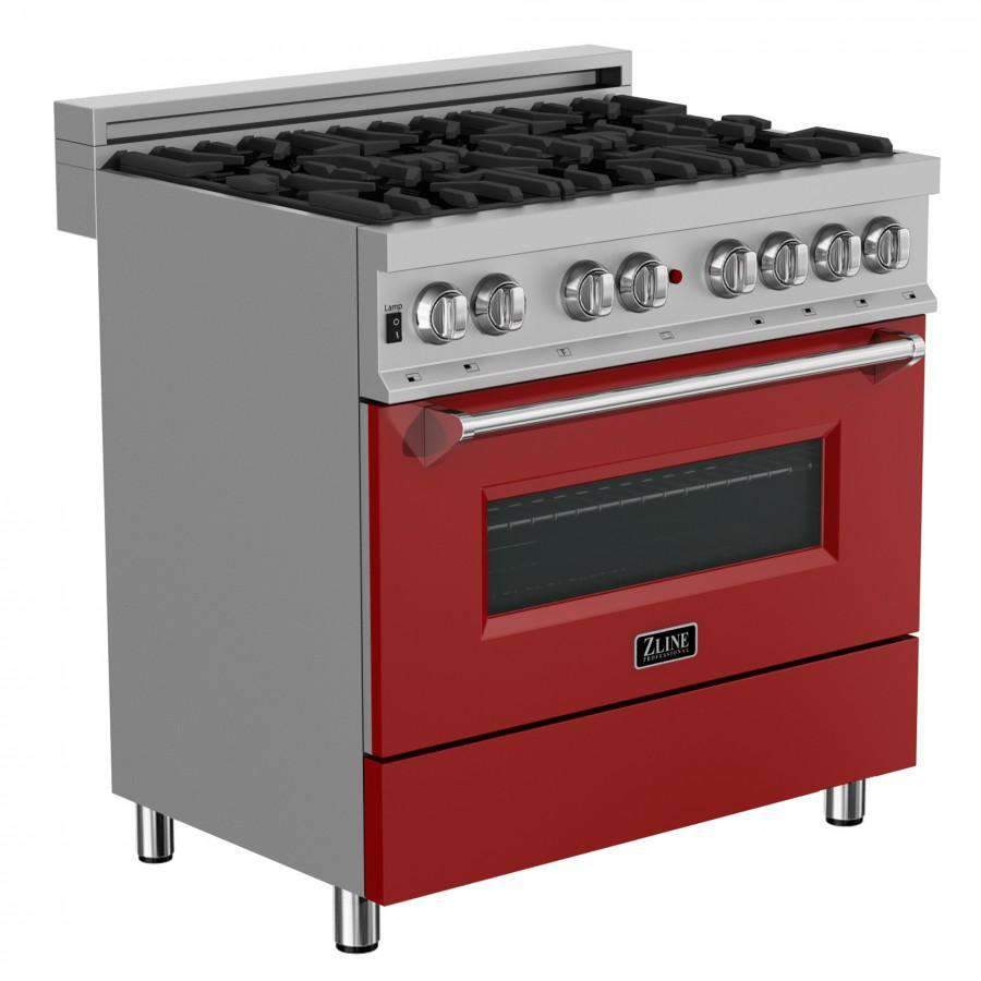 Red dual fuel range with stainless control panel, black oven door window, and knobs