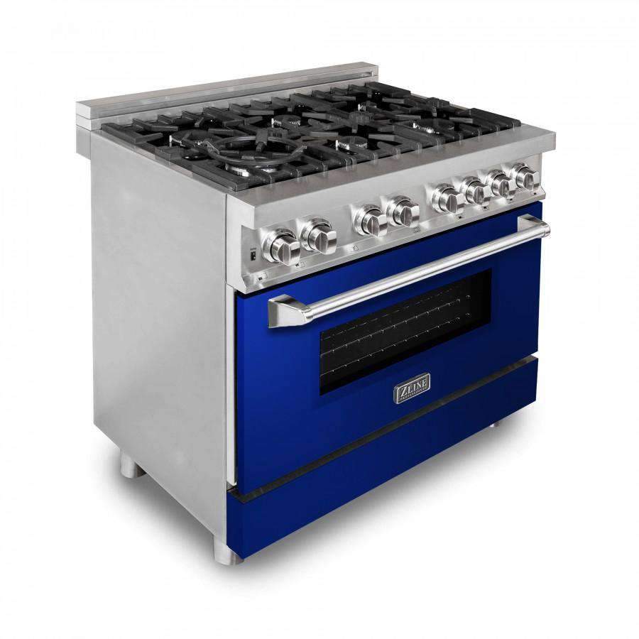 ZLINE dual fuel range with stainless cooktop, black grates, blue oven door, control knobs