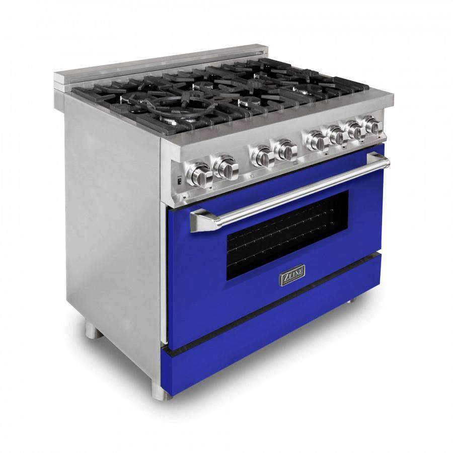 Freestanding dual fuel range with stainless cooktop and blue matte oven door