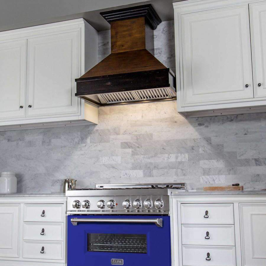 Freestanding dual fuel range with blue matte door and stainless control knobs