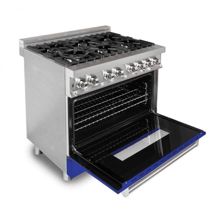 Freestanding dual fuel range with stainless top, black grates, and open oven door