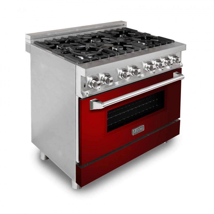 Dual fuel range with stainless finish, black cooktop grates, and red-gloss door