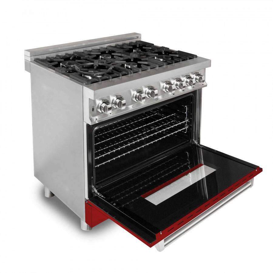 Red-gloss door dual fuel range with stainless body, open oven, and black burner grates