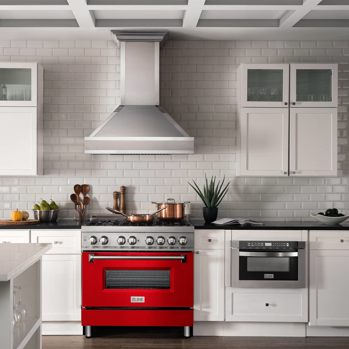 Dual-fuel gas range with red matte oven door and stainless control panel