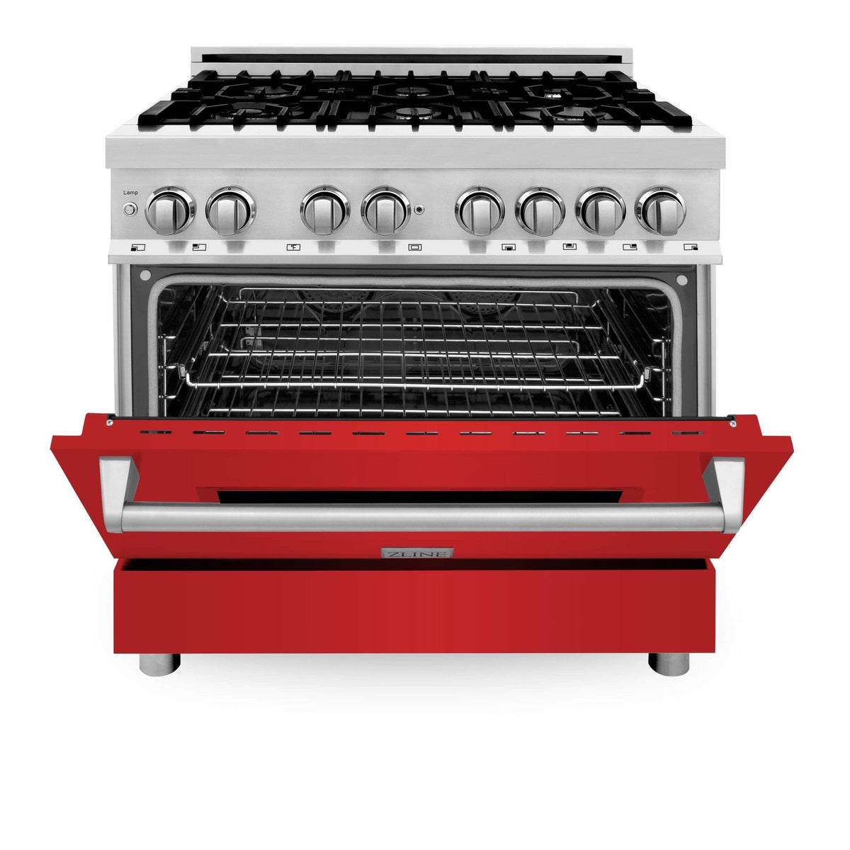 ZLINE dual fuel range front with red storage drawer and silver control panel