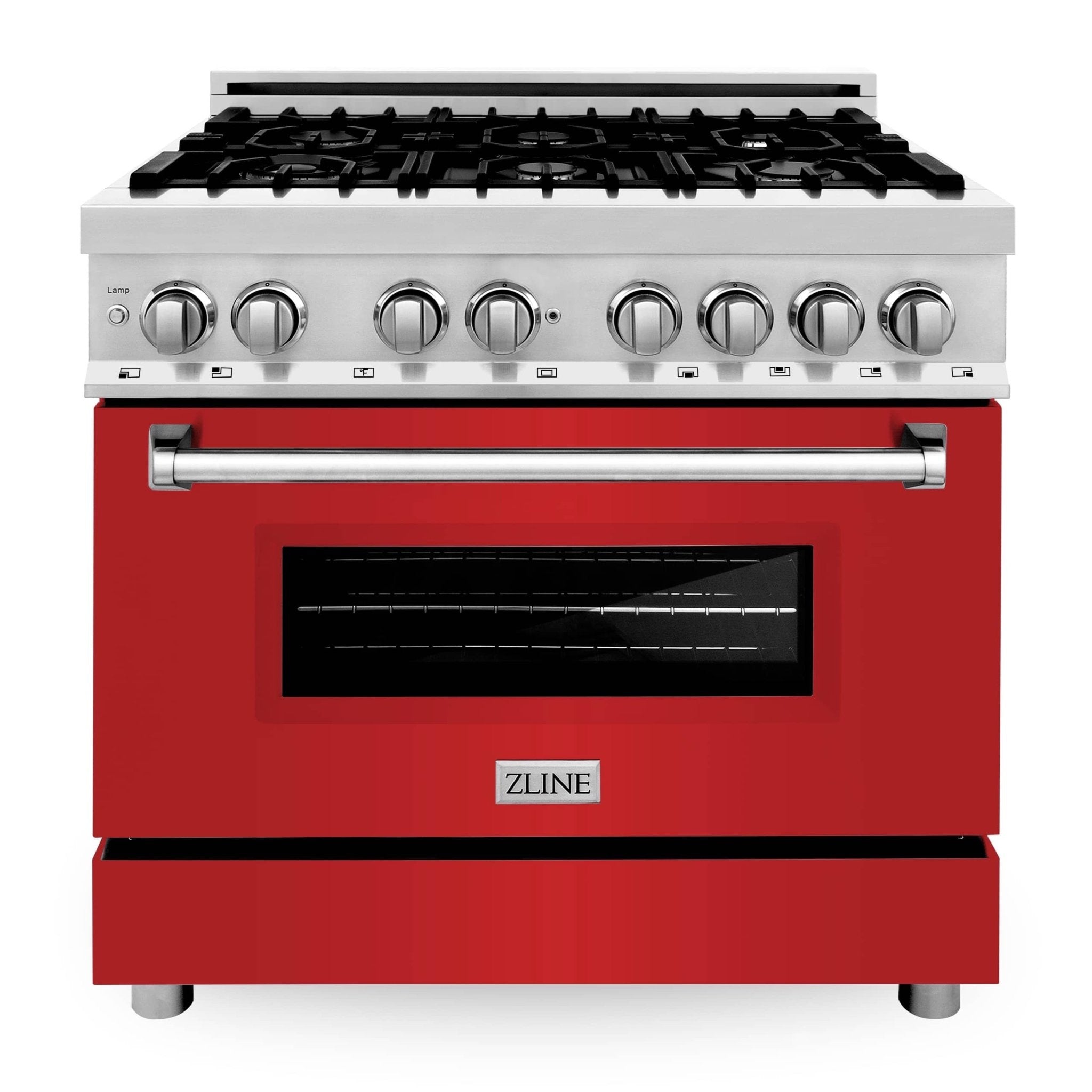 Freestanding gas range front view with red matte oven door and black cooktop grates