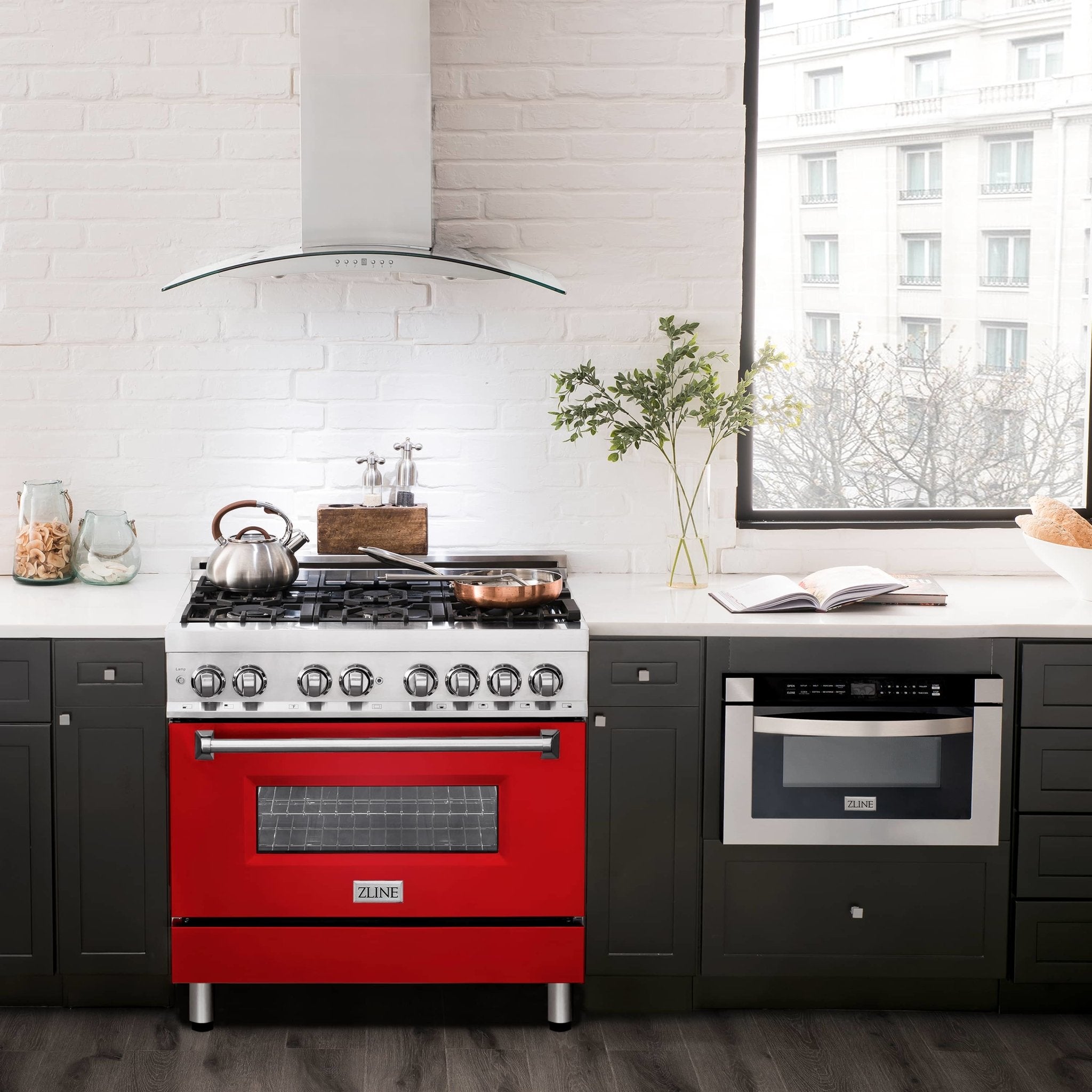 ZLINE 36-inch dual fuel range with red matte oven door and black cooktop grates