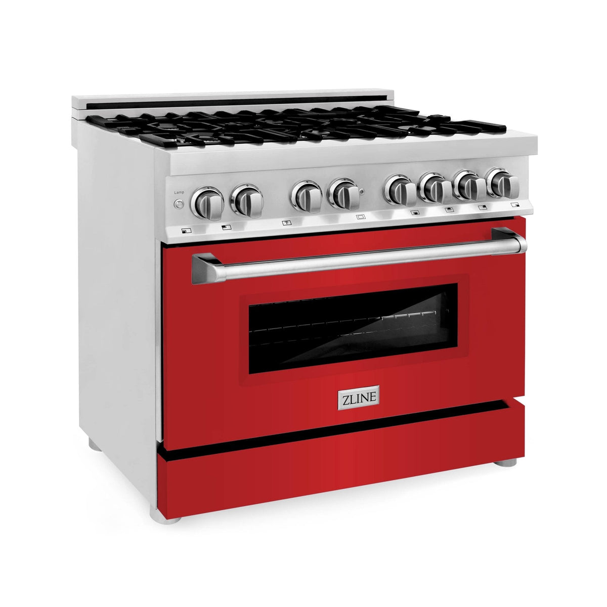 Freestanding gas range with red matte oven door, chrome handle, and black grates