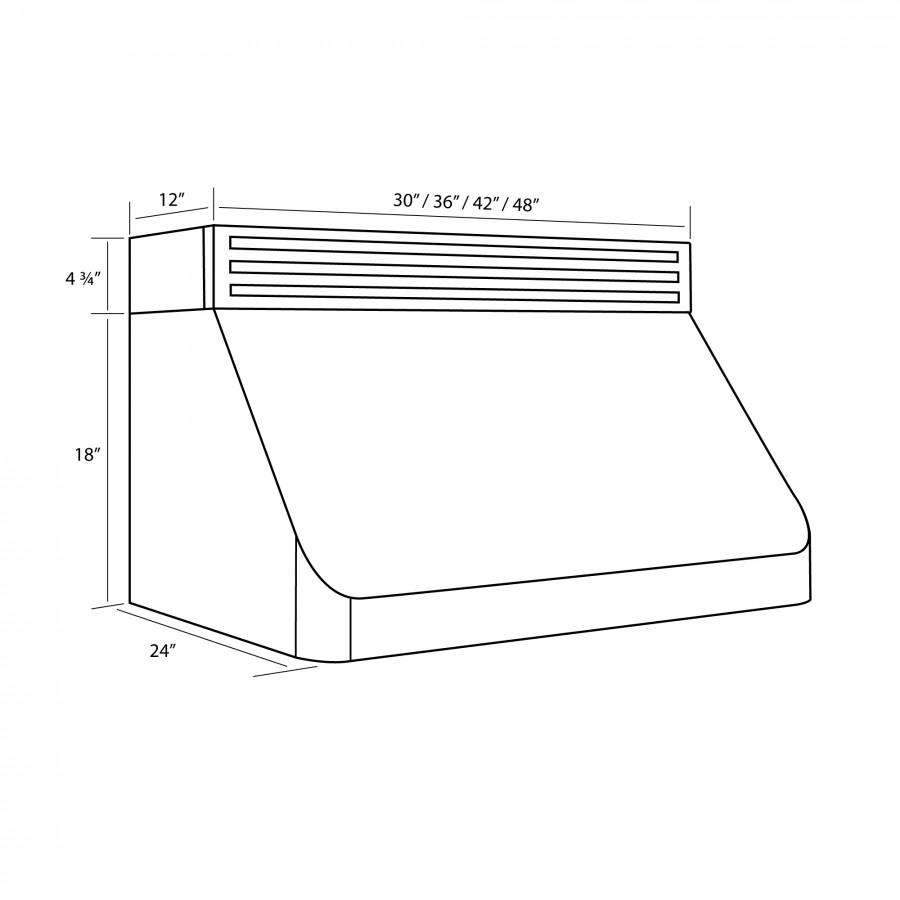 Under-cabinet range hood size diagram with width options 30, 36, 42, and 48 in