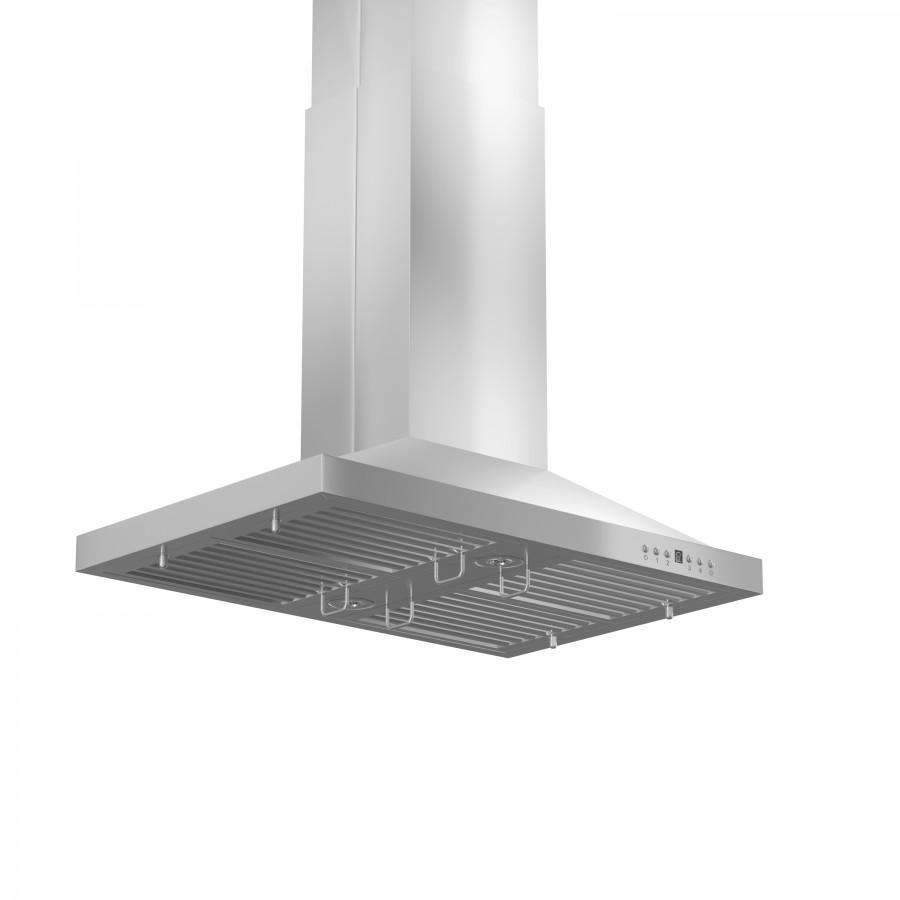 Stainless steel island range hood underside with metal baffle filters and control buttons