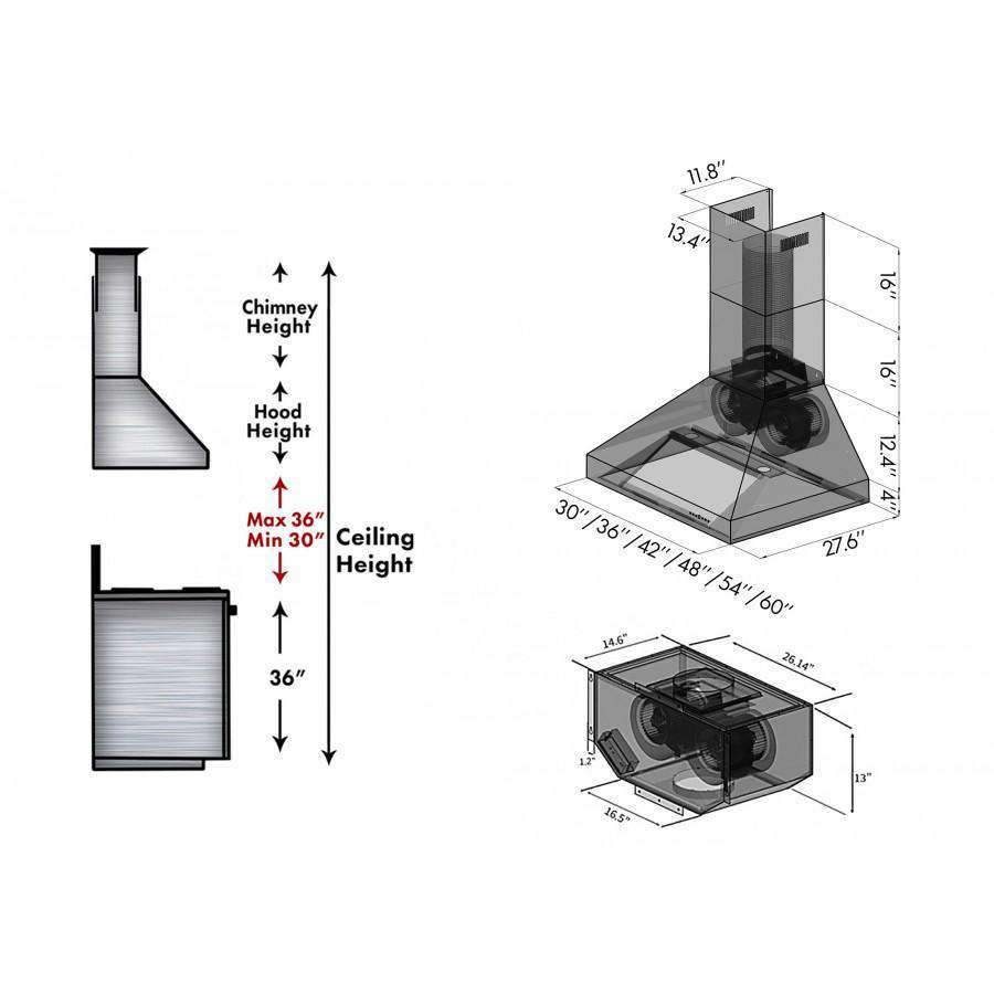 Wall range hood installation diagram with blower unit measurements and ceiling clearance