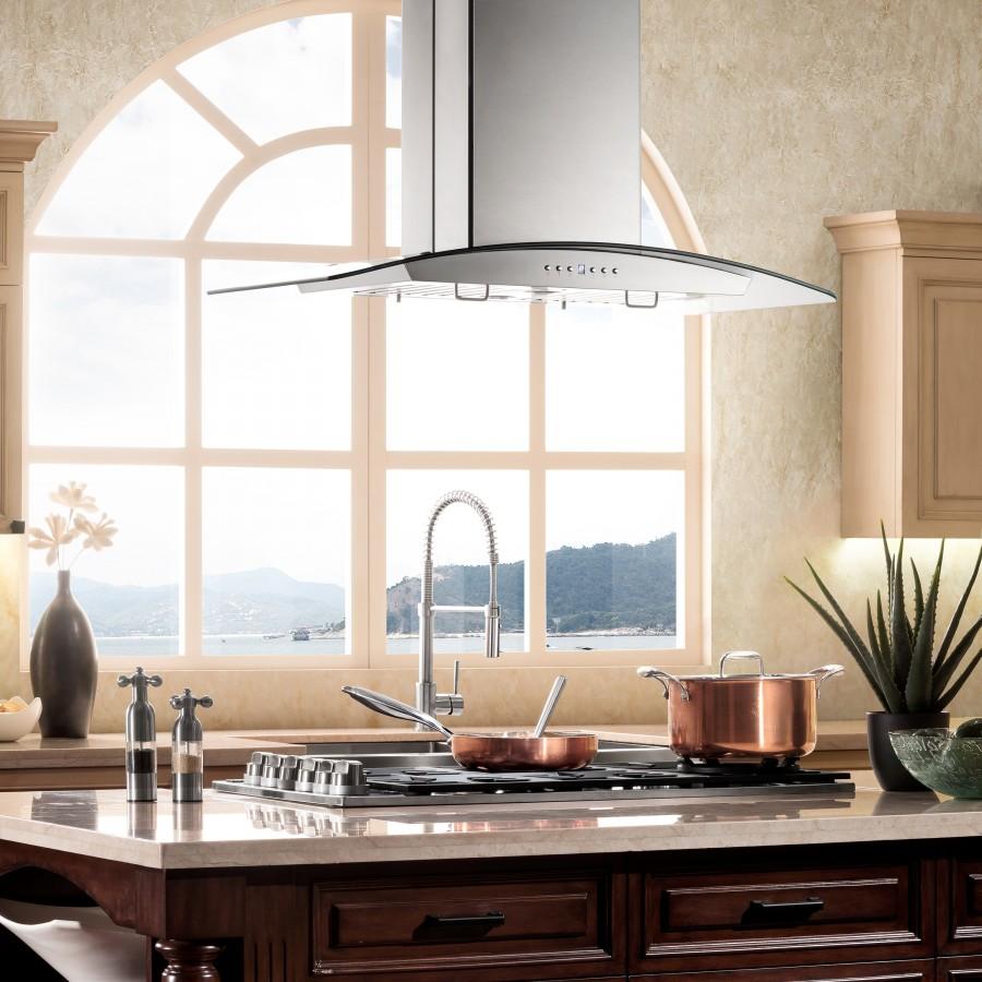 Stainless steel island range hood with curved canopy and chimney