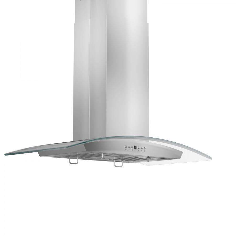 Stainless steel island range hood with curved glass canopy and chimney mount
