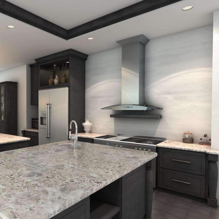 Stainless steel wall range hood above a kitchen island cooktop