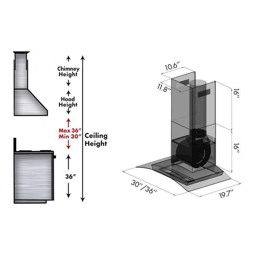 Wall range hood installation height diagram with chimney and canopy dimensions