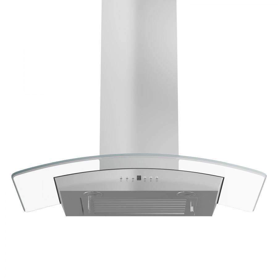 Stainless steel wall range hood canopy with control buttons and vent grilles
