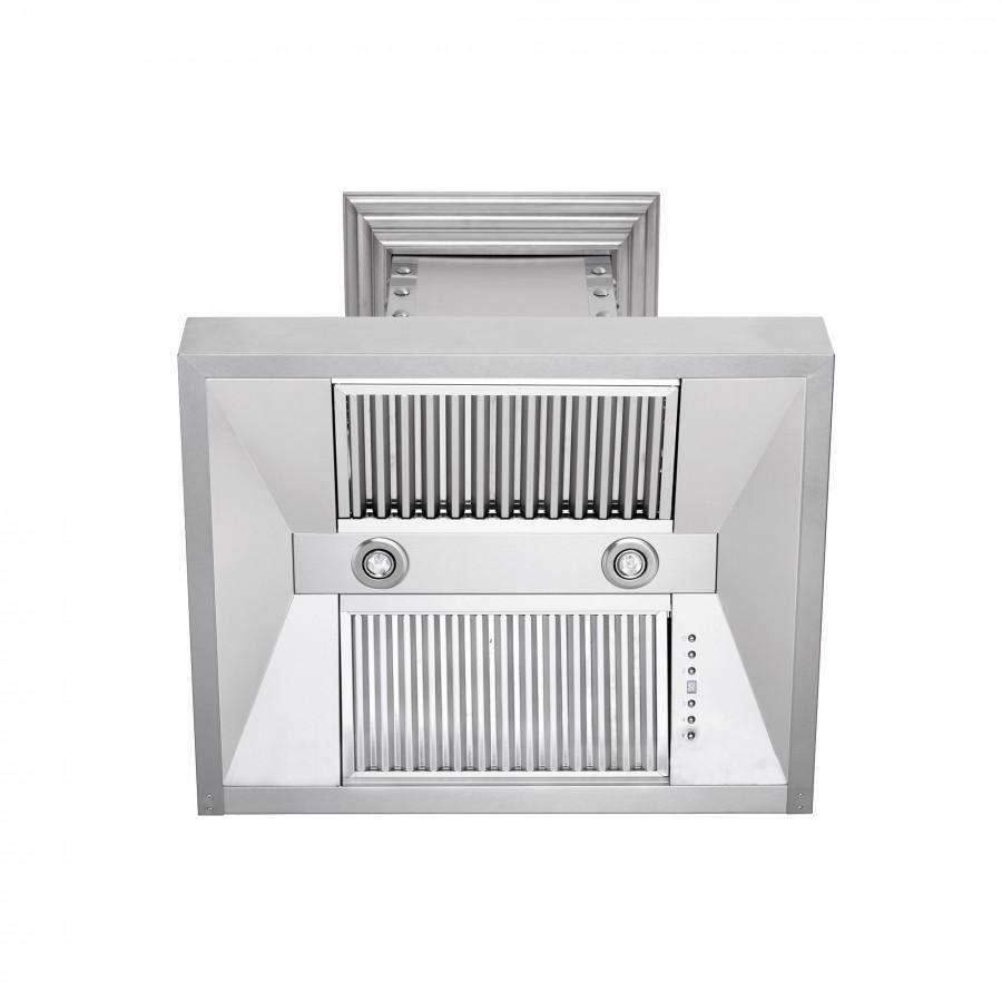 Stainless steel wall range hood front with vent grille and baffle filter stack