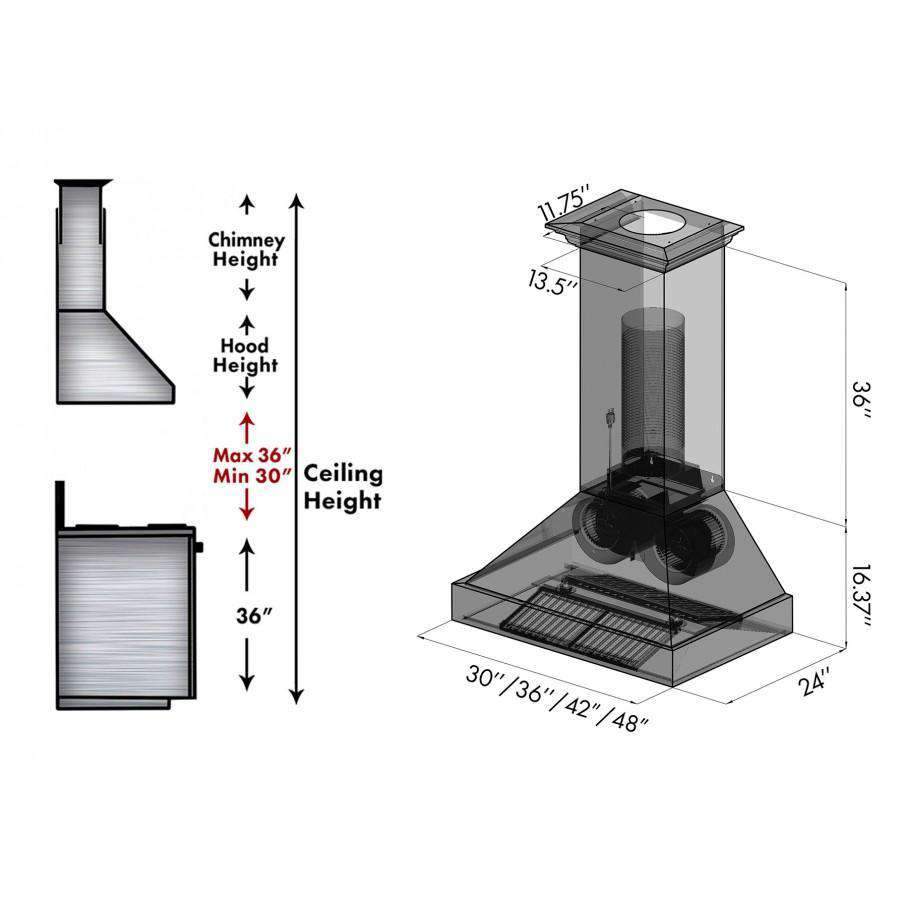 Stainless steel wall range hood installation diagram with height and footprint measurements