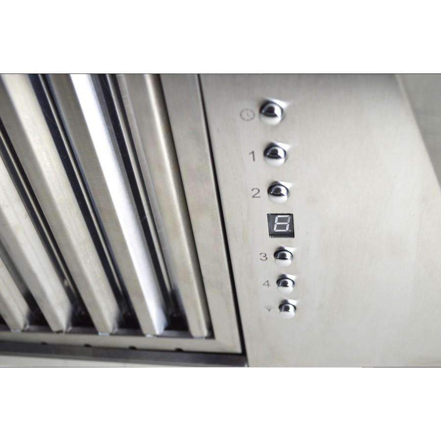 Stainless steel wall range hood control panel with round buttons and digital display