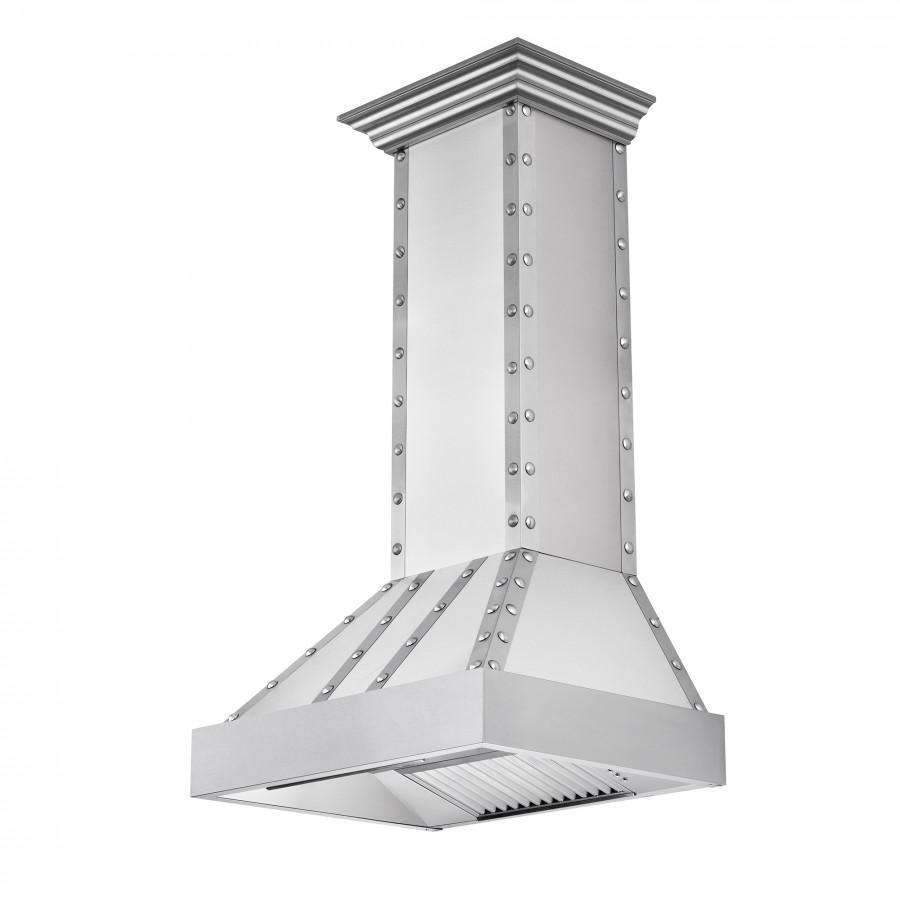 Stainless steel chimney wall range hood with riveted sides and front vent