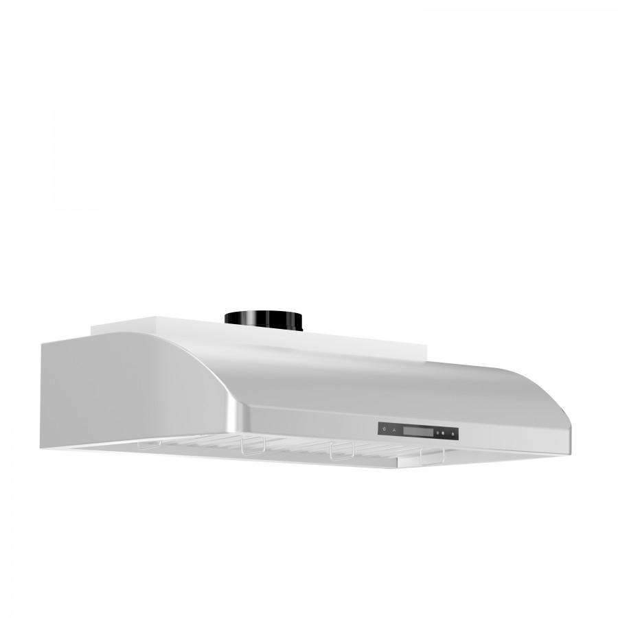 Under-cabinet range hood angled view with vented underside and top duct opening
