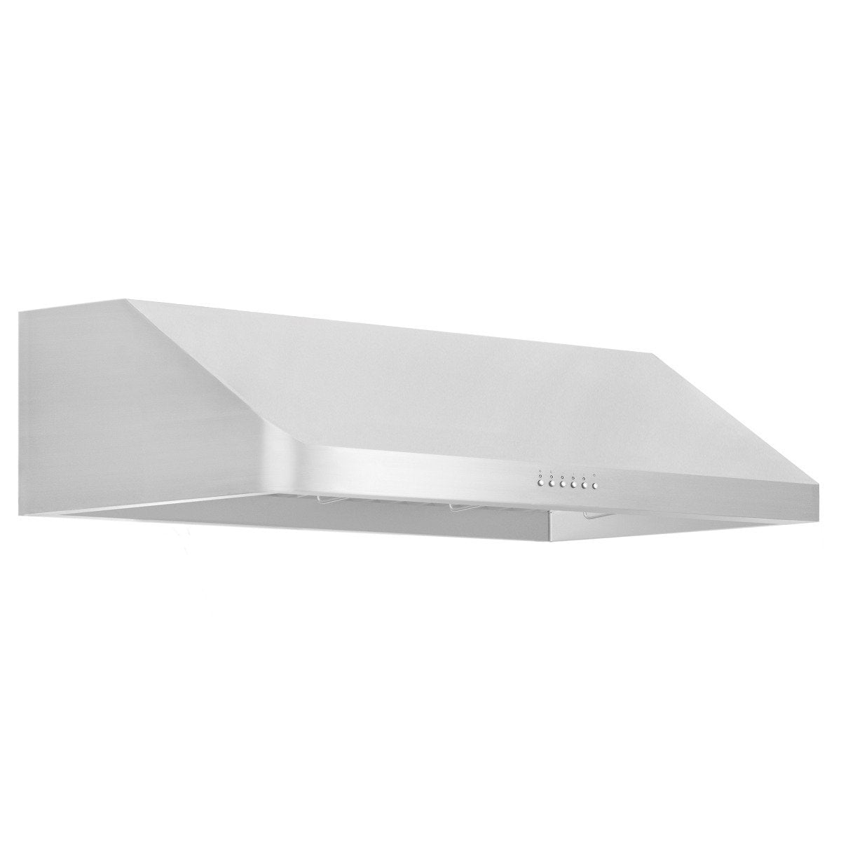 Stainless steel under-cabinet range hood canopy with side profile and front vent controls
