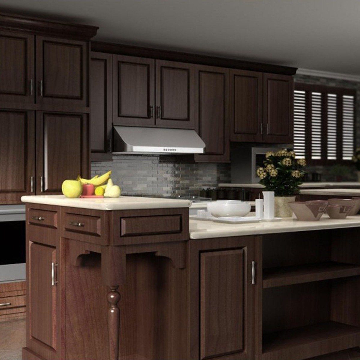 Stainless steel under-cabinet range hood above cooktop with smooth angled canopy