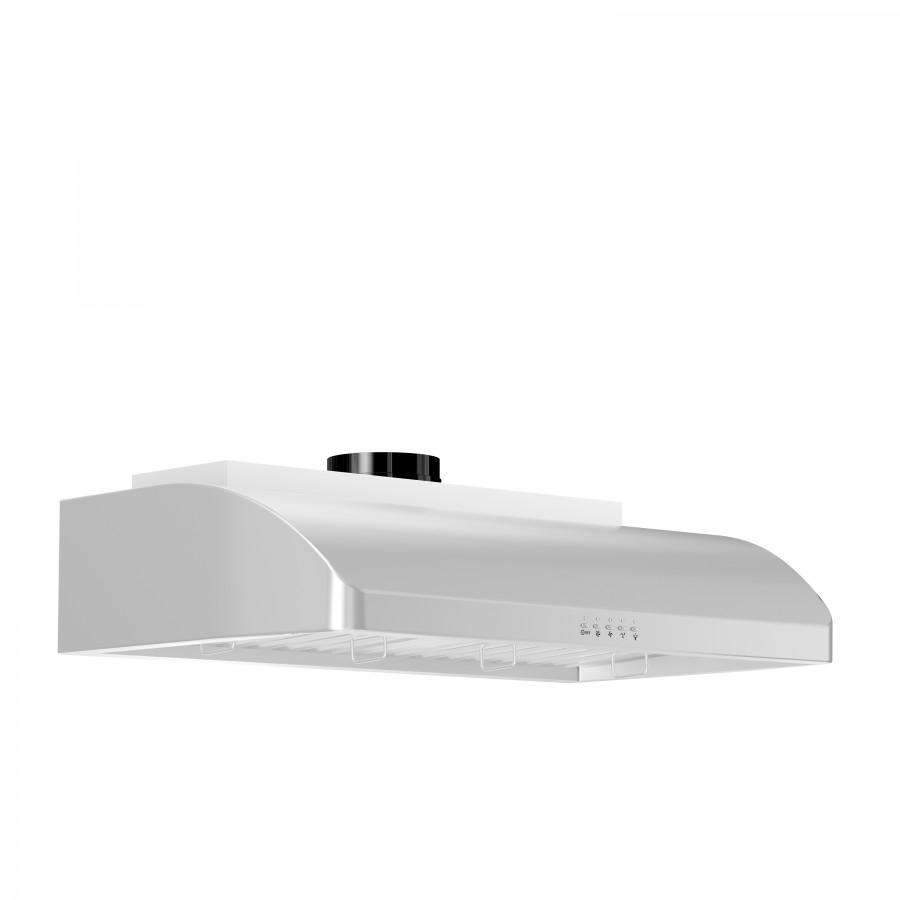 Stainless steel under-cabinet range hood, angled view, with black top vent