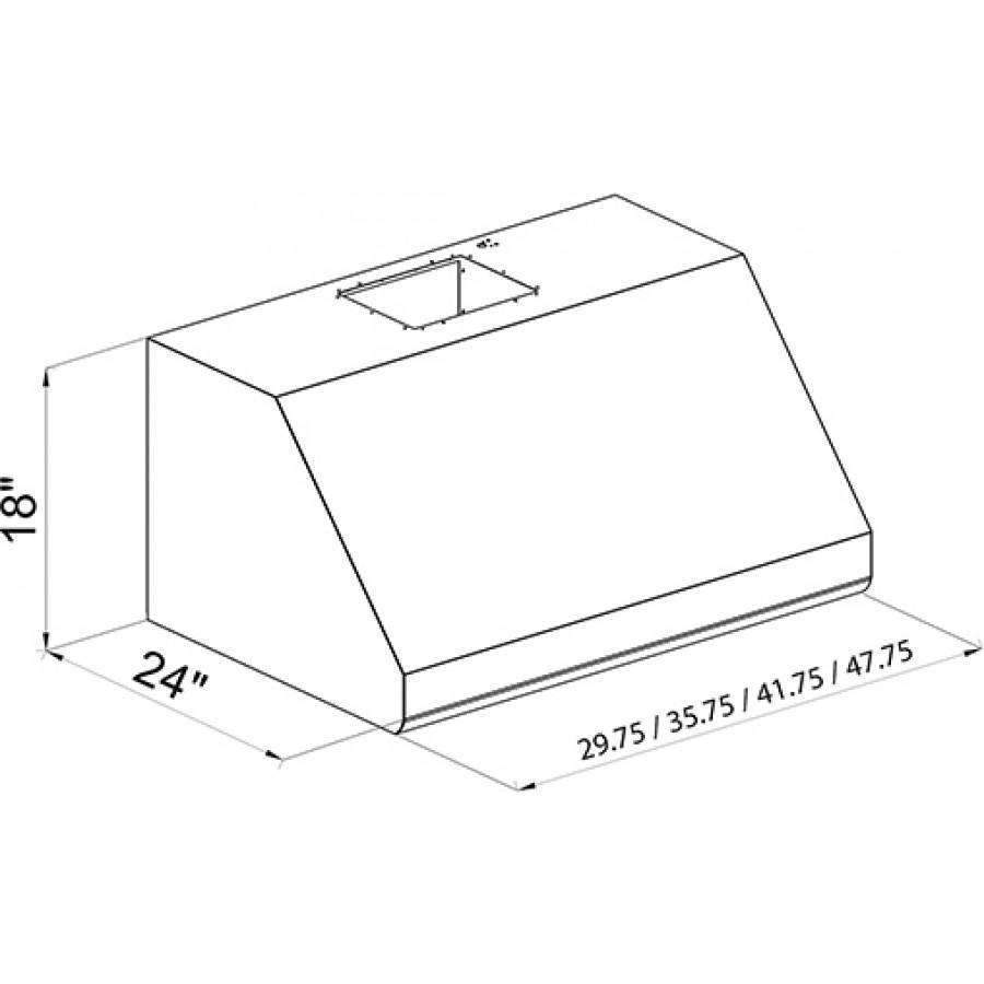 Under-cabinet range hood dimensions diagram showing 18 in height and 24 in width